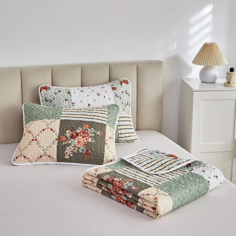 Patchwork Quilts Set King Size - 3 Pieces Floral Quilt Set Green White Plaid wit gallery