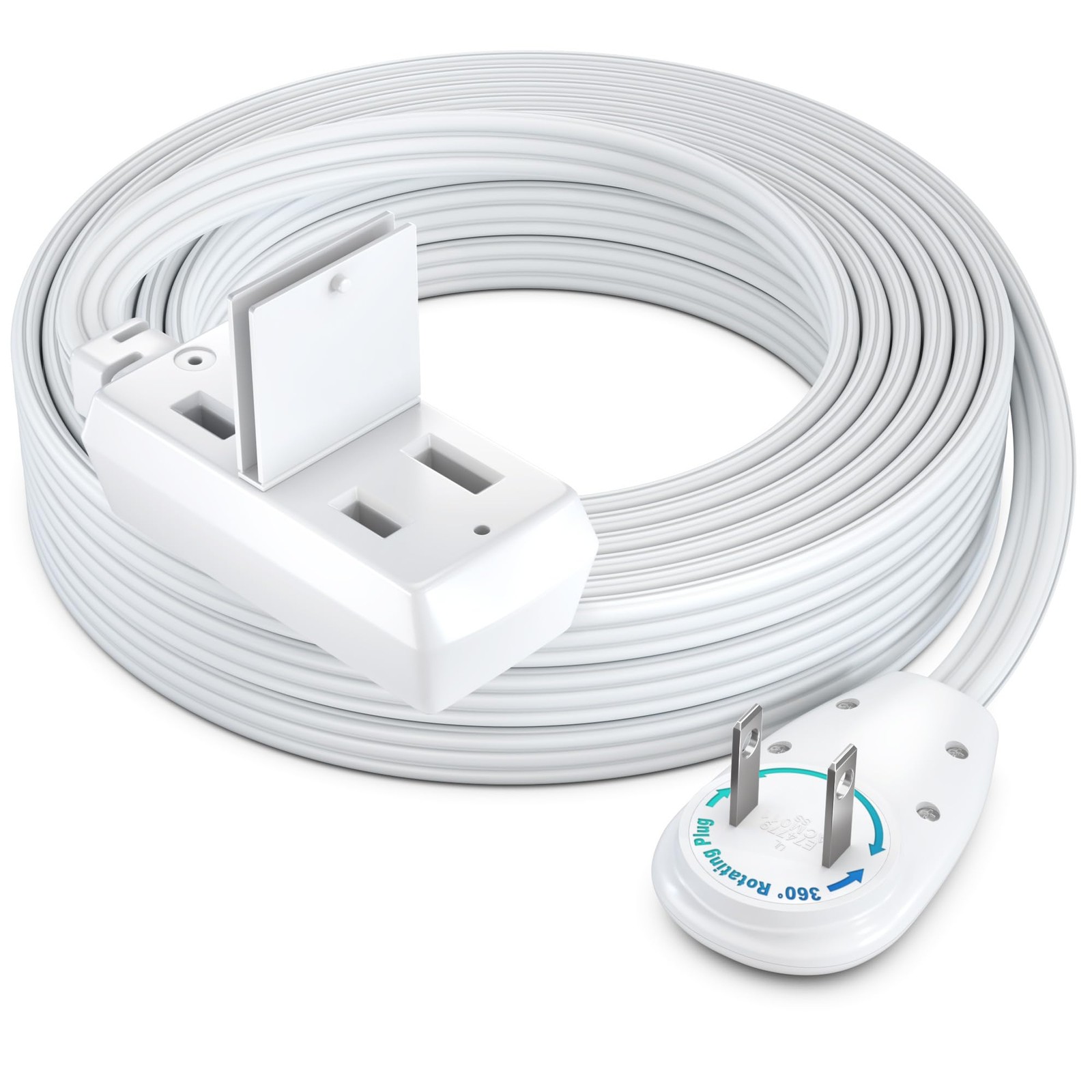 25 FT Extension Cord 2Prong Flat 360 Rotating Plug Ultra Long Reach White gallery