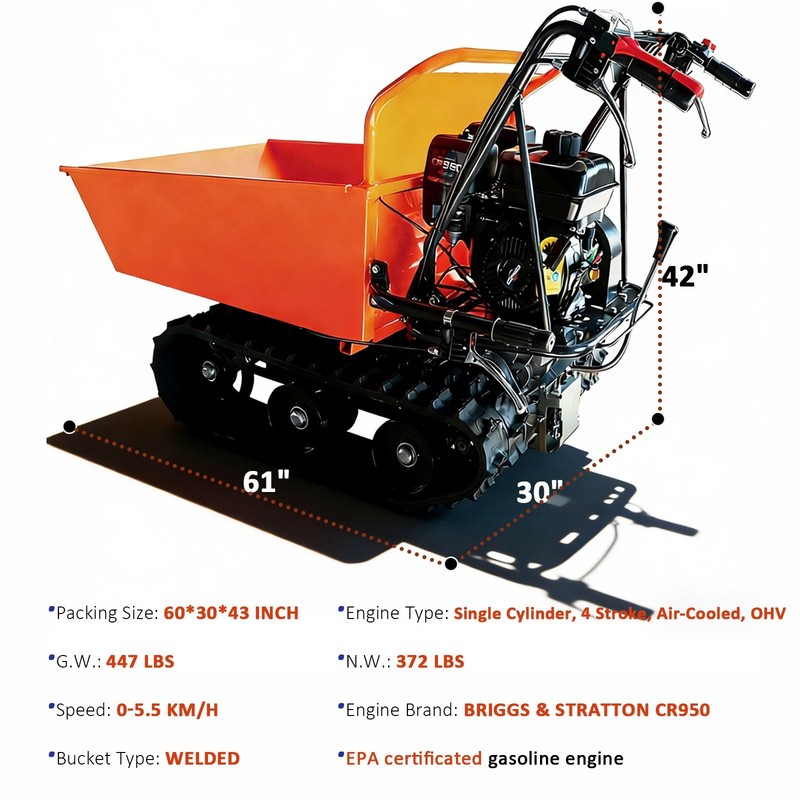 660lb Loading Track Barrow Gas Powered Welded Bucket B&S CR950 6.5HP 208cc 3F+1R gallery