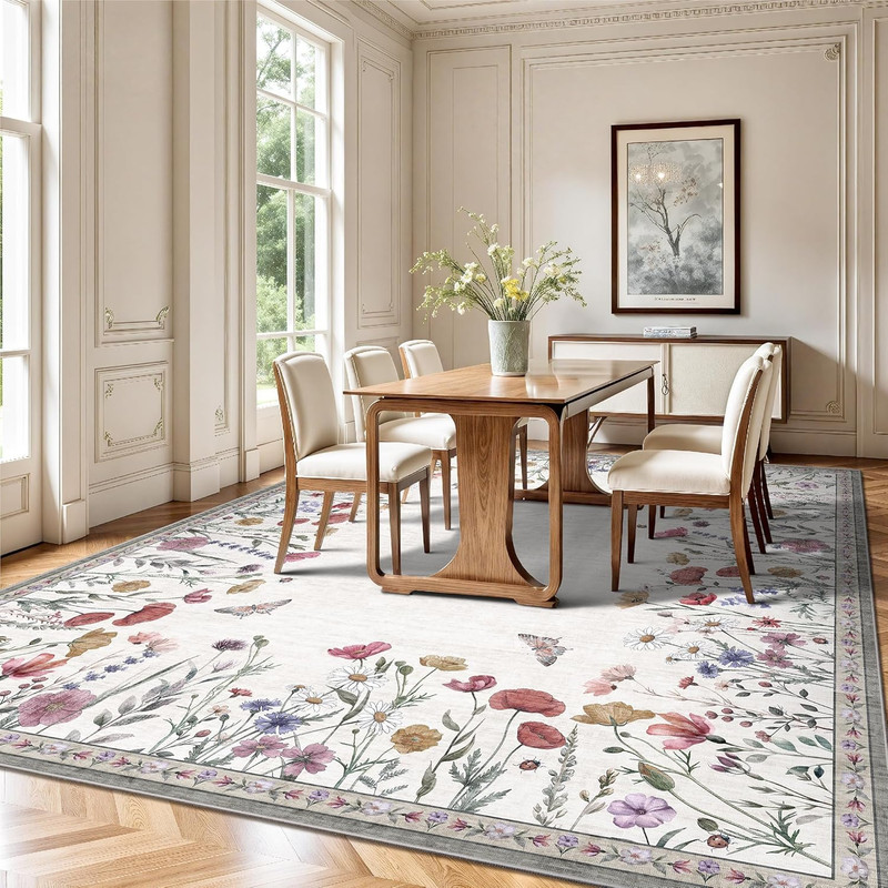 8X10 Area Rugs, Machine Washable Low Pile Floral Rugs for Living Room, Bedroom, gallery
