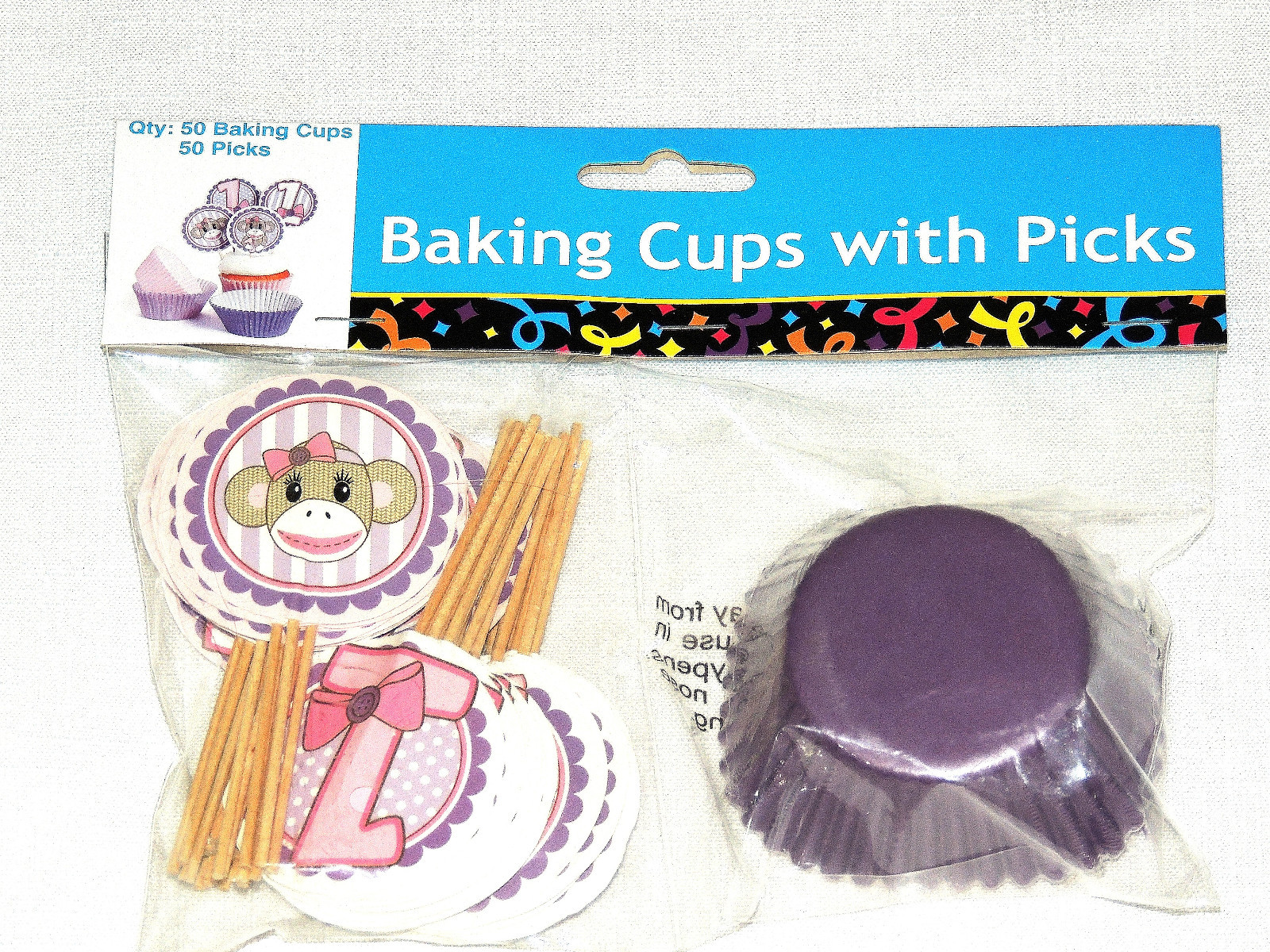 NEW MISS SOCK MONKEY 50 BAKING CUPS & PICKS , BIRTHDAY, CHILD , PARTY gallery