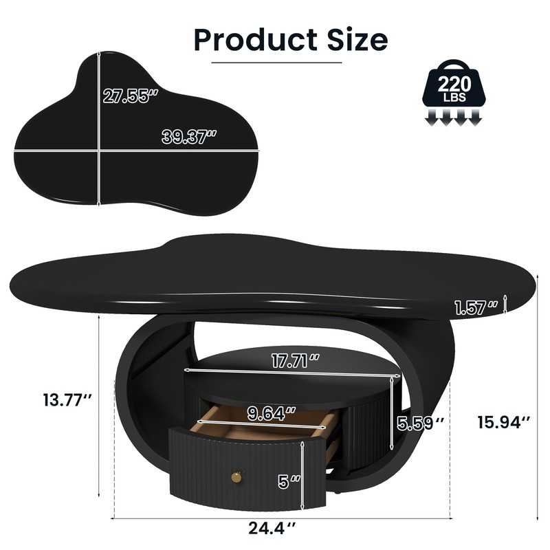 Modern Black 39" Coffee Table Cloud Center Table MDF Metal with Drawer gallery
