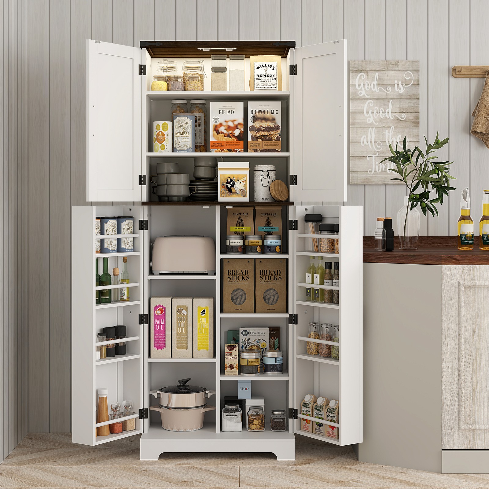 64" Tall Kitchen Pantry Cabinet with Motion Sensor Light and Adjustable Shelves gallery