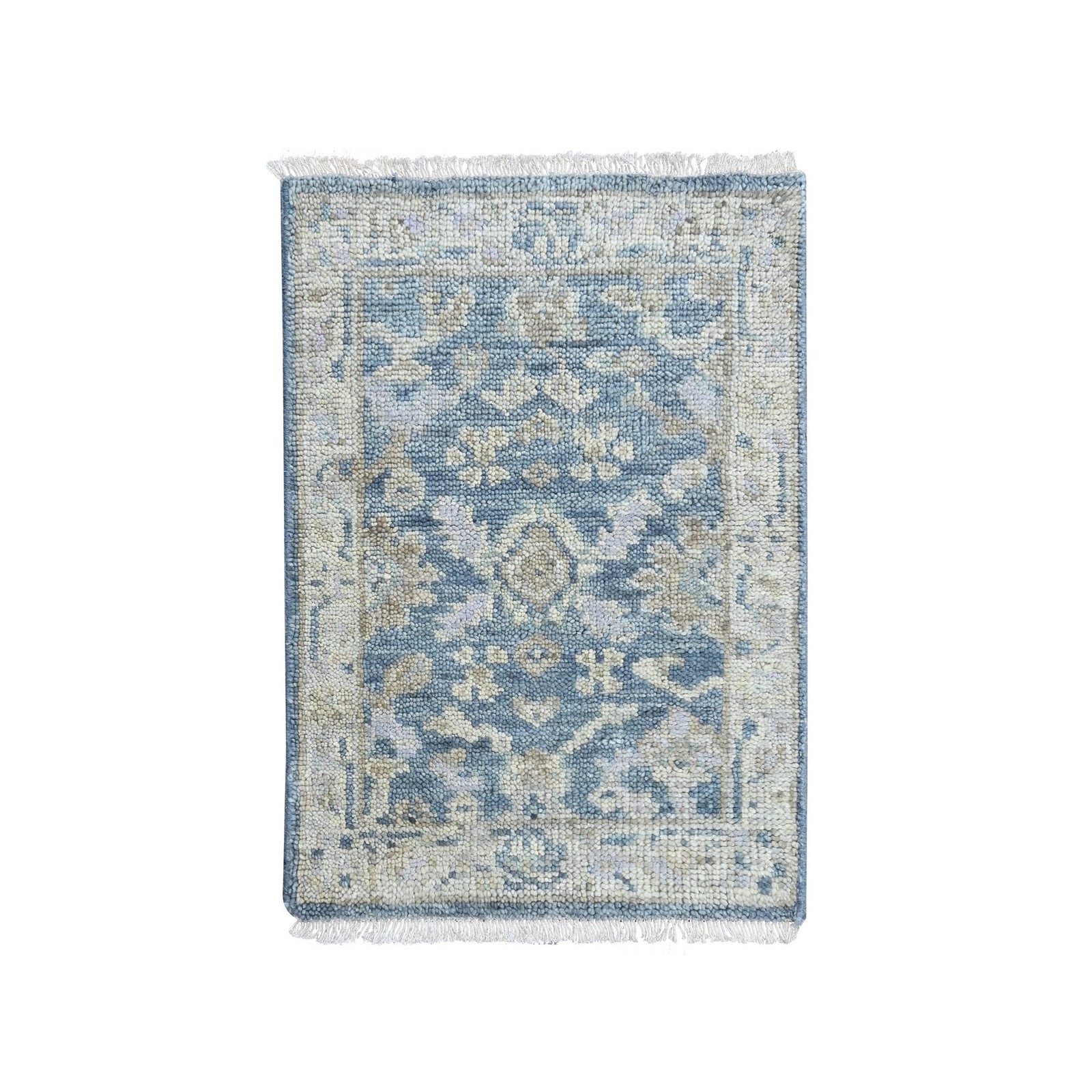 2'x3' Aegean Blue Oushak All Over Design Hand Knotted Shiny Wool Mat Rug 10480 gallery