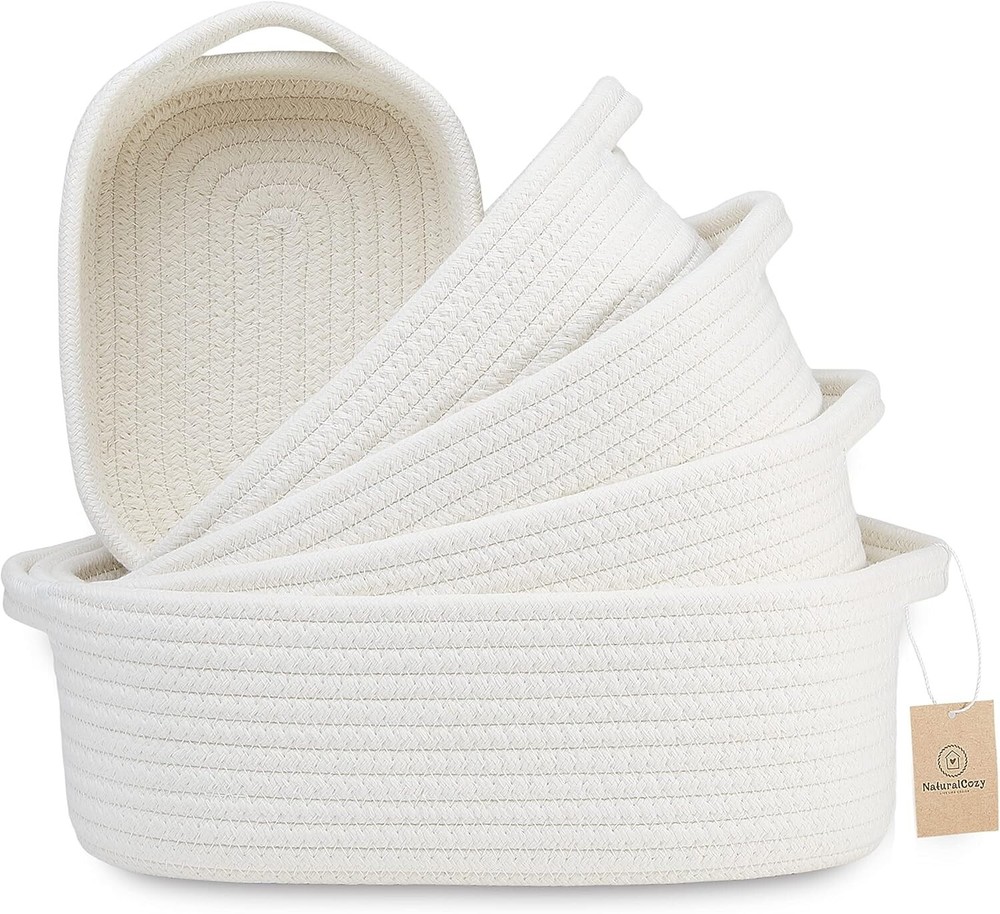 NaturalCozy 5-Piece Rectangle Storage Basket Set- Natural Cotton Rope Woven f...