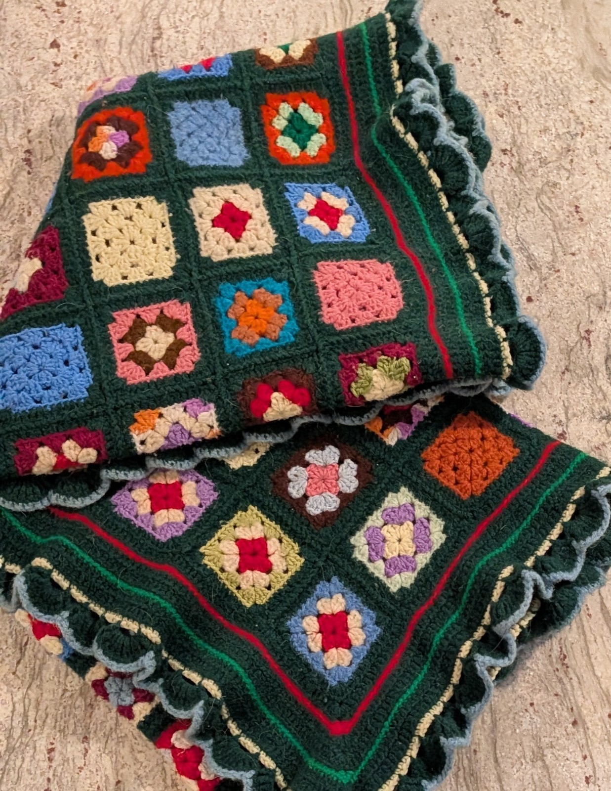 Colorful Crochet Granny Square Afghan Throw w/ Hunter Green Base Wool Blend VTG gallery
