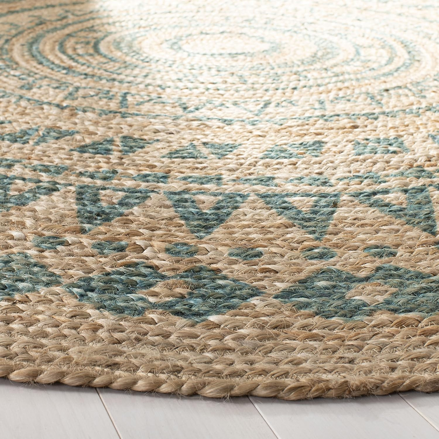 Handmade Aqua & Natural Jute Area Rug - 8' Round Boho Mandala Design gallery