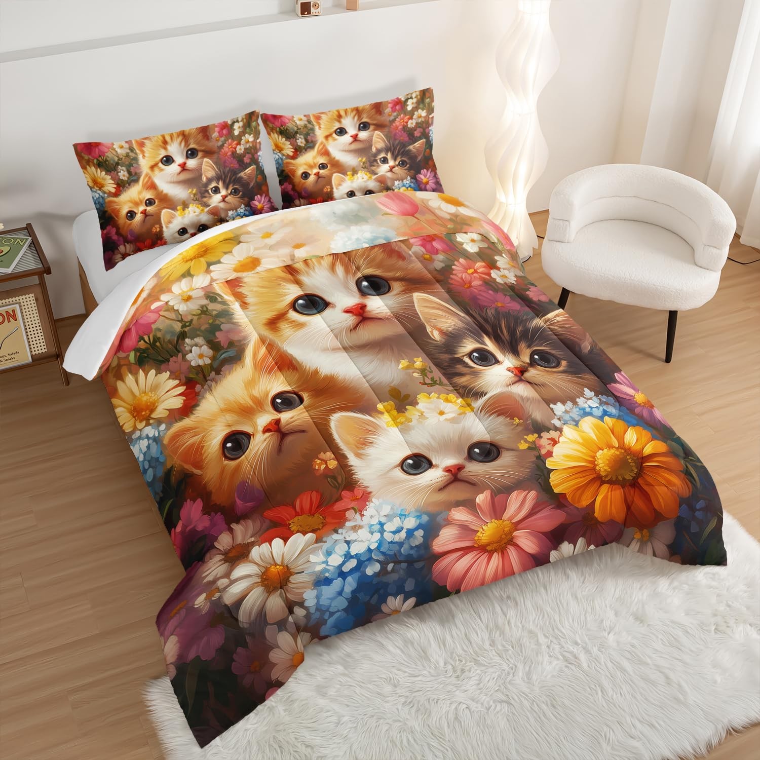 Cute Cat Comforter Queen Size,Colorful Flowers Pattern Bedding Sets for Toddl... gallery