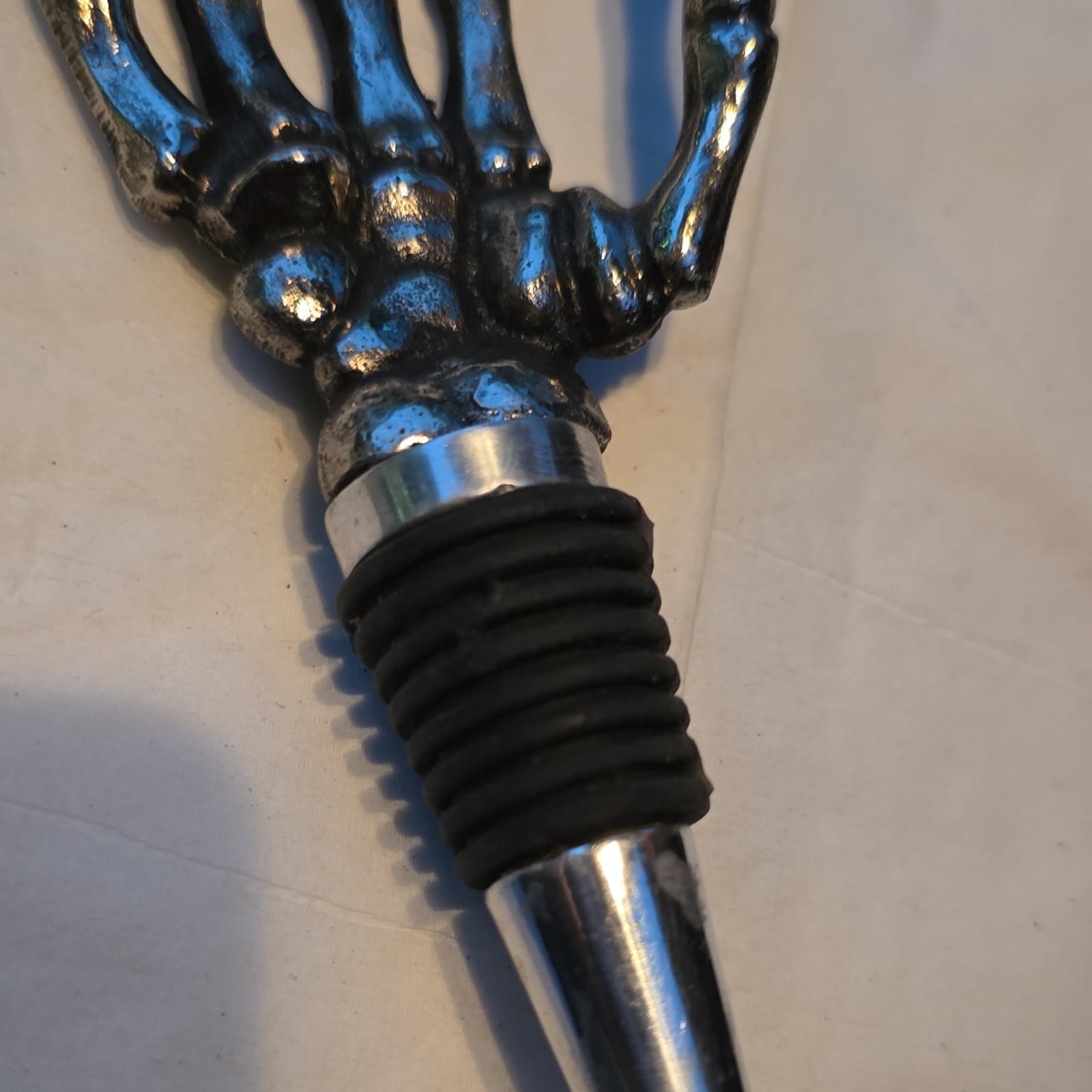 Skeleton Hand Metal Bottle Stopper w/ Black Rubber Seal, Silver/Black, gallery
