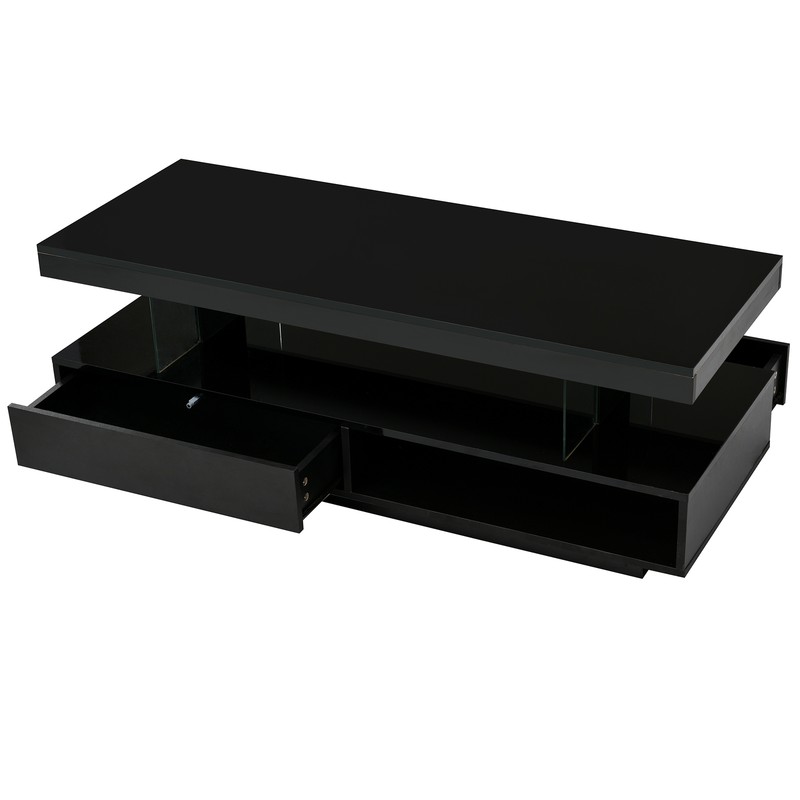 LED Coffee Table with 2 Storage Drawers and Open Shelves High-Gloss Center Table gallery