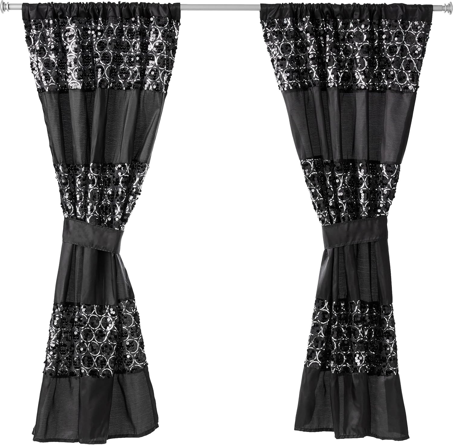 Sinatra Sequin Window Curtain with Tiebacks, Black, 36X54 Inches gallery