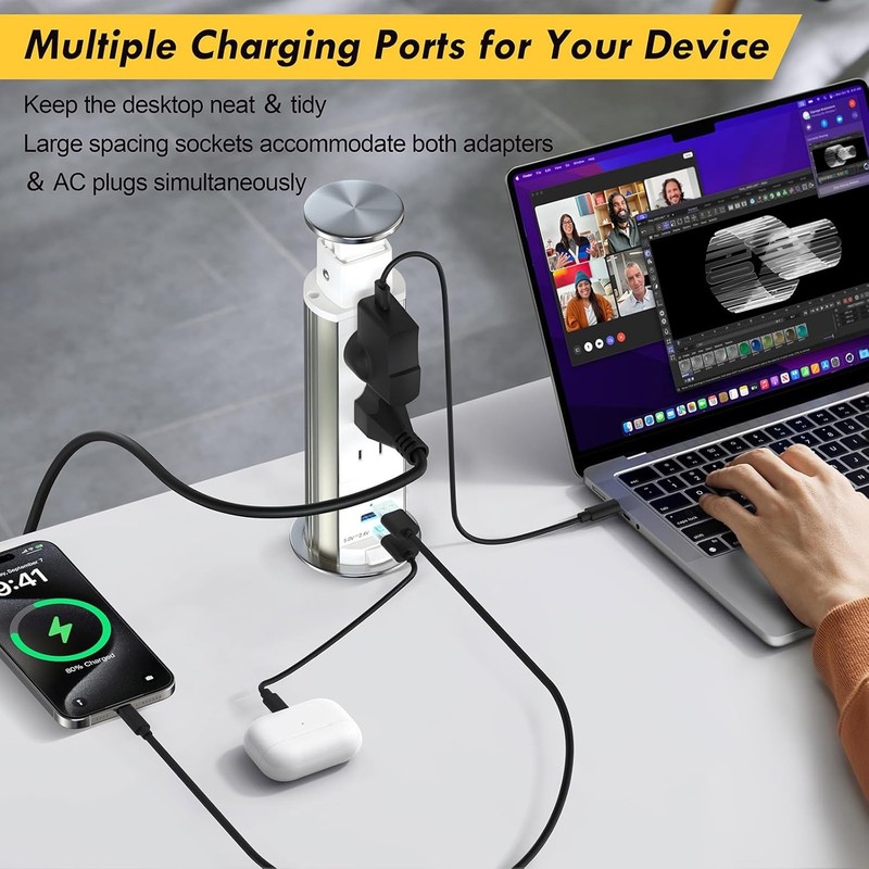 Pull-Up Power Socket – 3 AC Outlets, 2 USB Ports for Kitchen, Office, Desk gallery