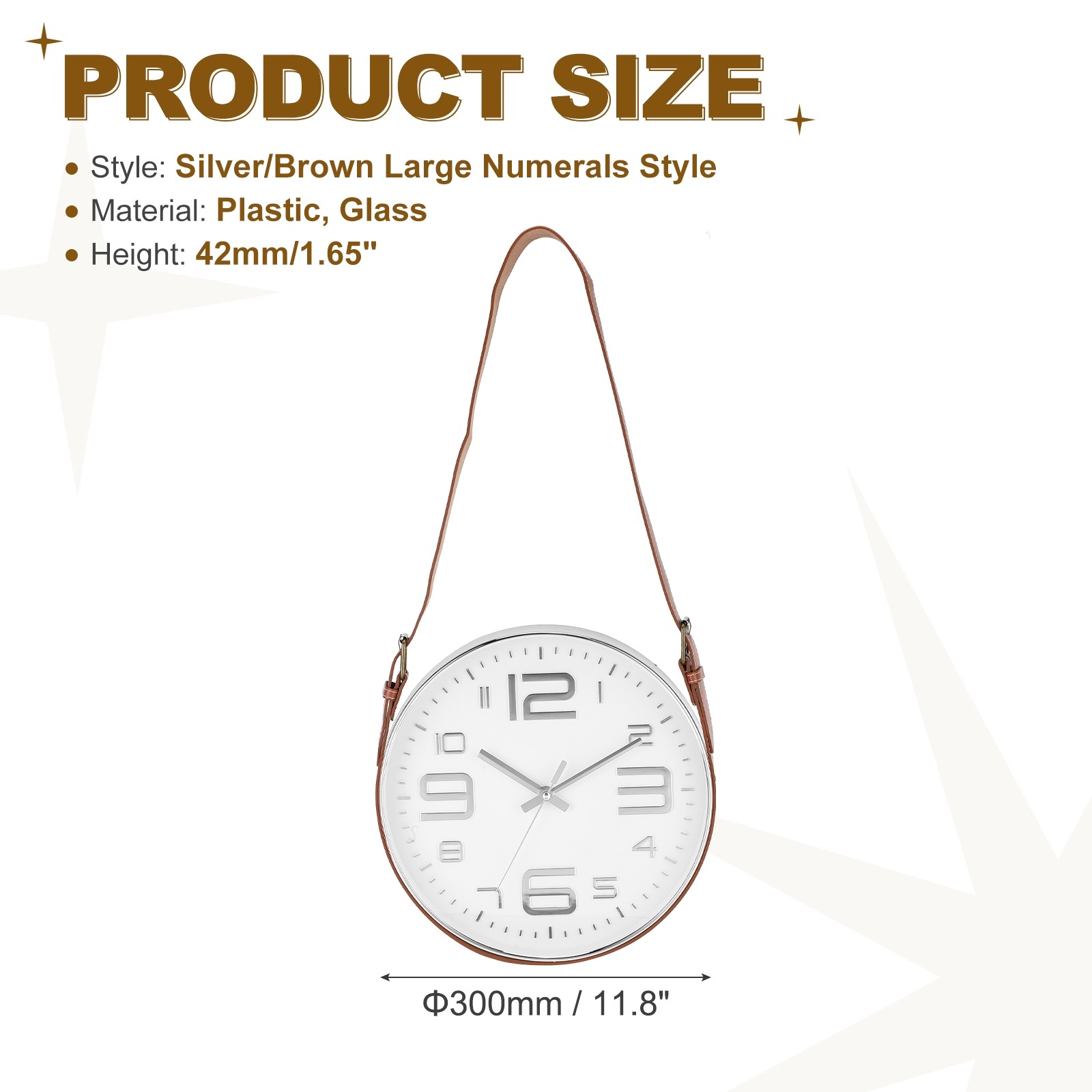 Industrial Wall Clock with Leather Strap 12" Large Numerals Style Silver/Brown gallery