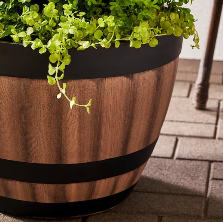 Resin Wine Barrel Planter Large Walnut Brown Plant Pot Indoor Outdoor Garden Pot gallery