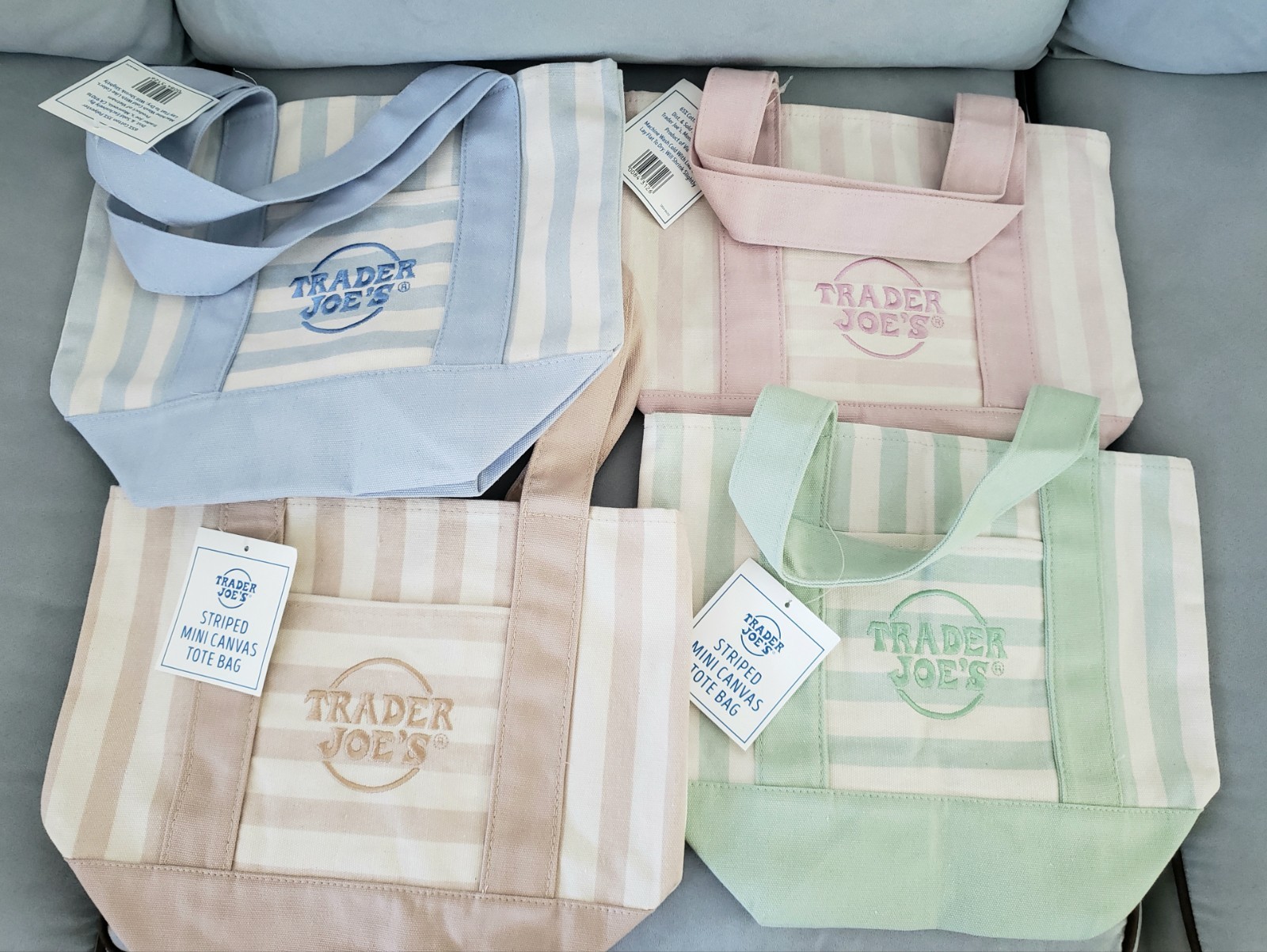 Trader Joe’s Mini Pastel Stripe Canvas Tote Bag Set Of 4 Blue Pink Green Beige gallery