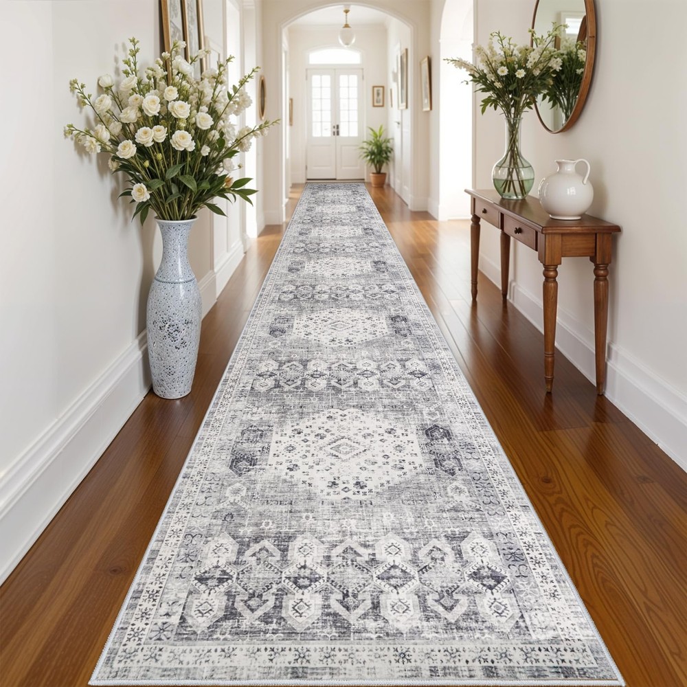 RUUGME 3x20 Washable Runner Rug - Extra Long Vintage 3' x 20' (Runner), Grey