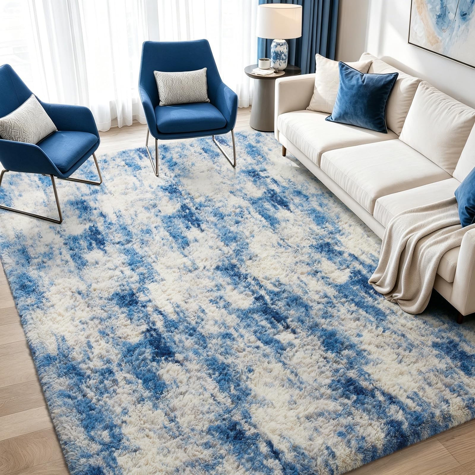 Area Rug 5x7 Fluffy Shag Plush Soft Carpet Blue White Grey Ophanie Rugs Living gallery