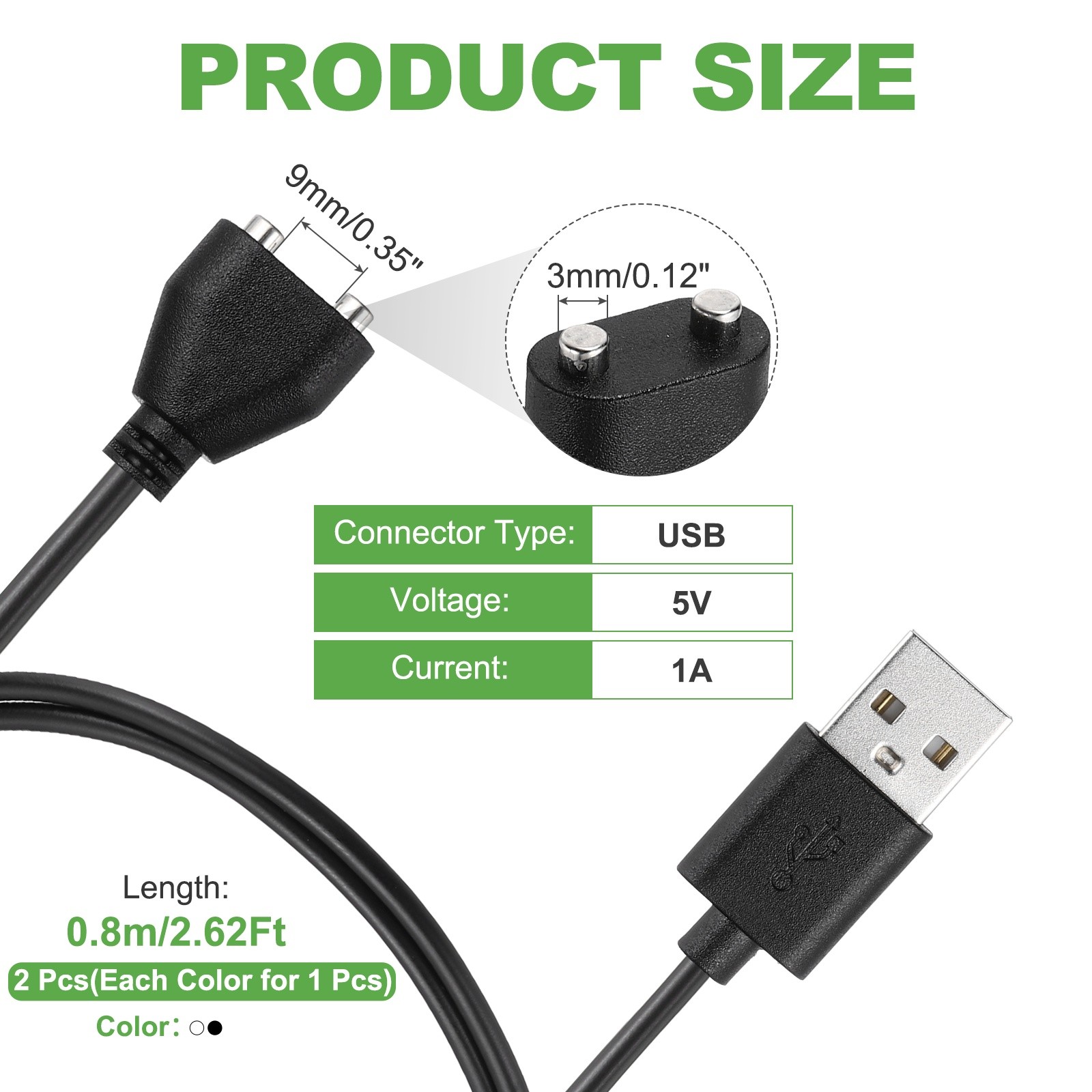 Magnetic USB Cable for DC Charging 2.6Ft 9mm/0.35" (Black/White, 2Pcs) gallery