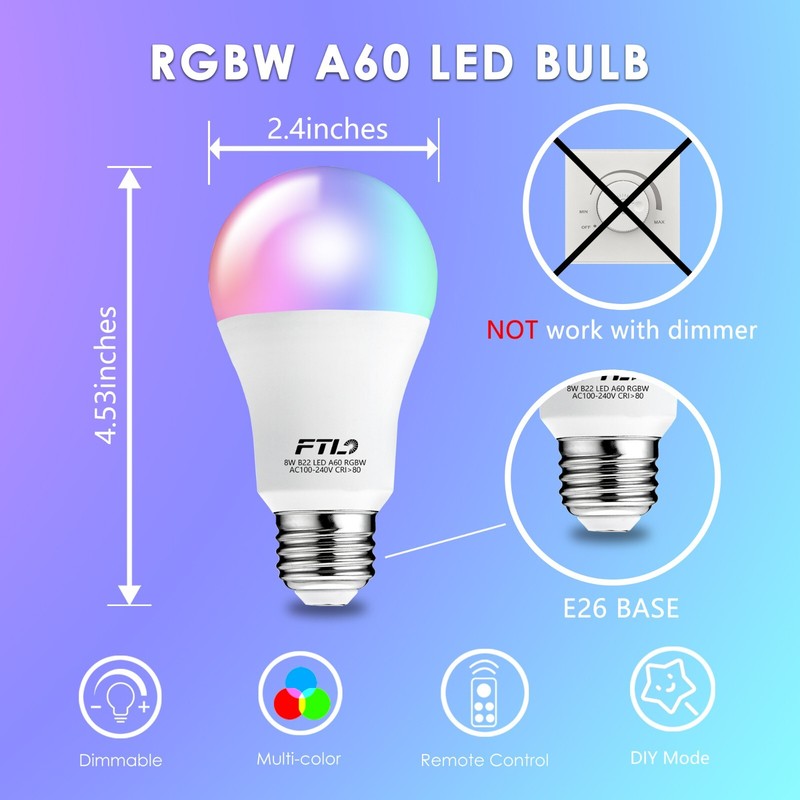 2-Pack Color Changing Light Bulb with Remote Control A19 E26 8W 30 Colors RGB gallery