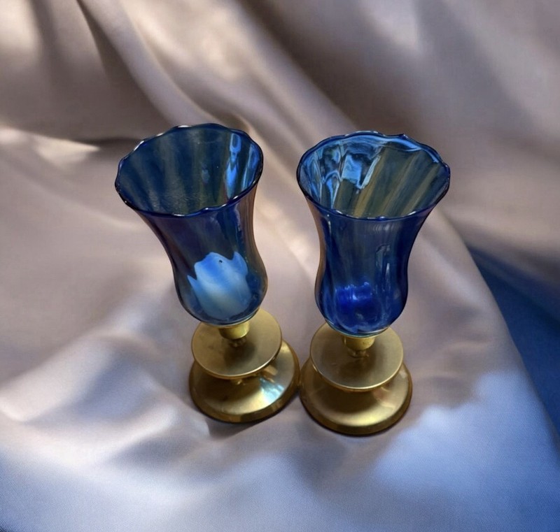 Vintage ~ 2 Candlestick Holders~Cobalt Blue Glass Hurricane Style & Metal~ 1970s gallery
