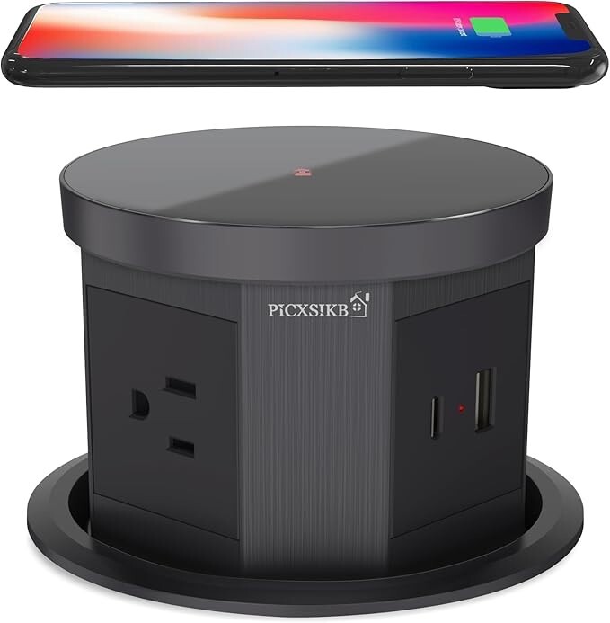 Automatic Pop Up Outlet, 4.33 inch with 15W Wireless Charger 3AC Plug USB Gray gallery