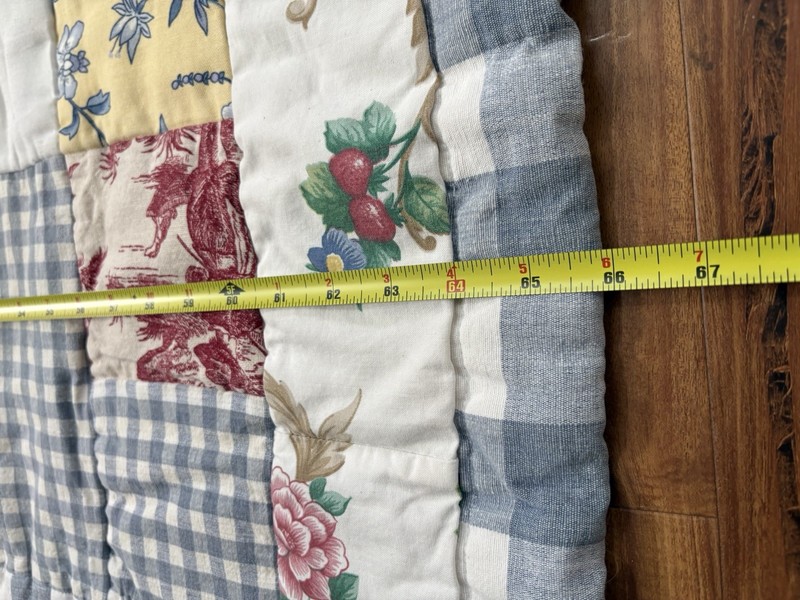 Vintage Handmade Machine Stitched Heavy Floral & Gingham Block Quilt 66x62” gallery
