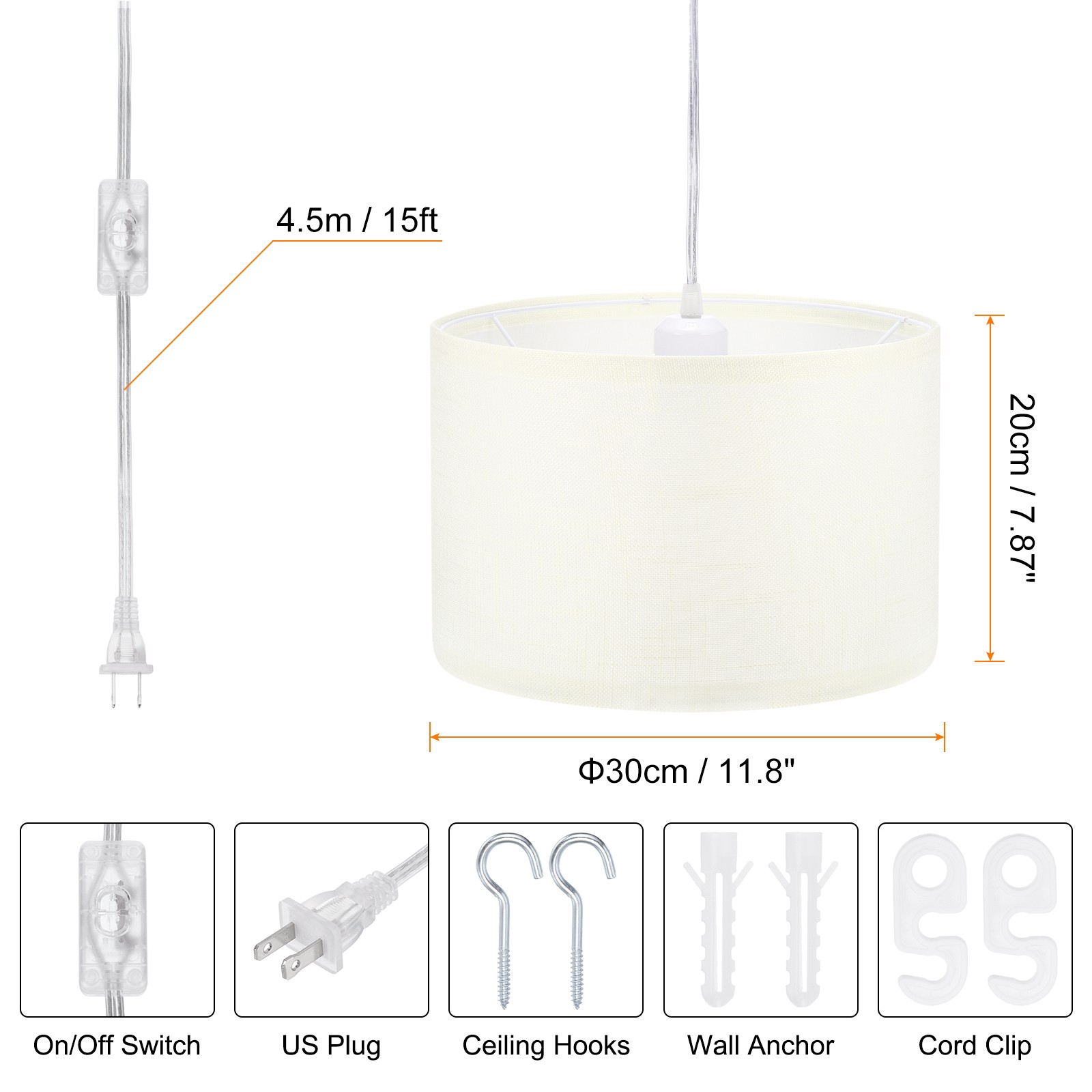 2 Pack Plug in Pendant Light 15Ft Rope Cord Hanging Lamp Fixture Coarse Linen gallery