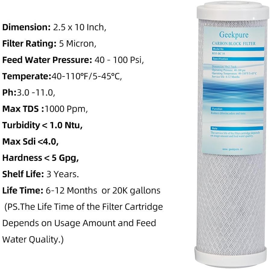 Geekpure Carbon Block Replacement Filter Cartridge 2.5" x 10" -Pack of 4 gallery