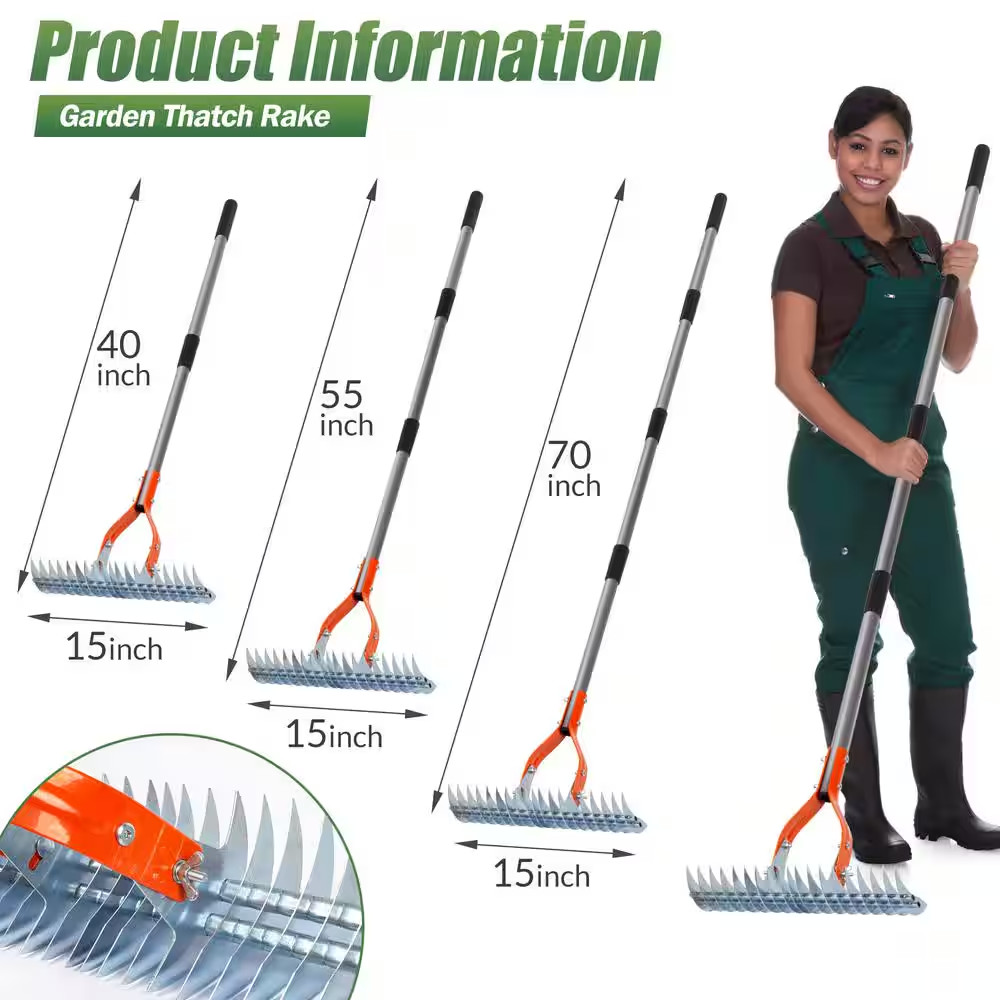 70 In. Adjustable Steel Handle Thatch Rake With19 Tines, Back Saving Lawn Thatch gallery