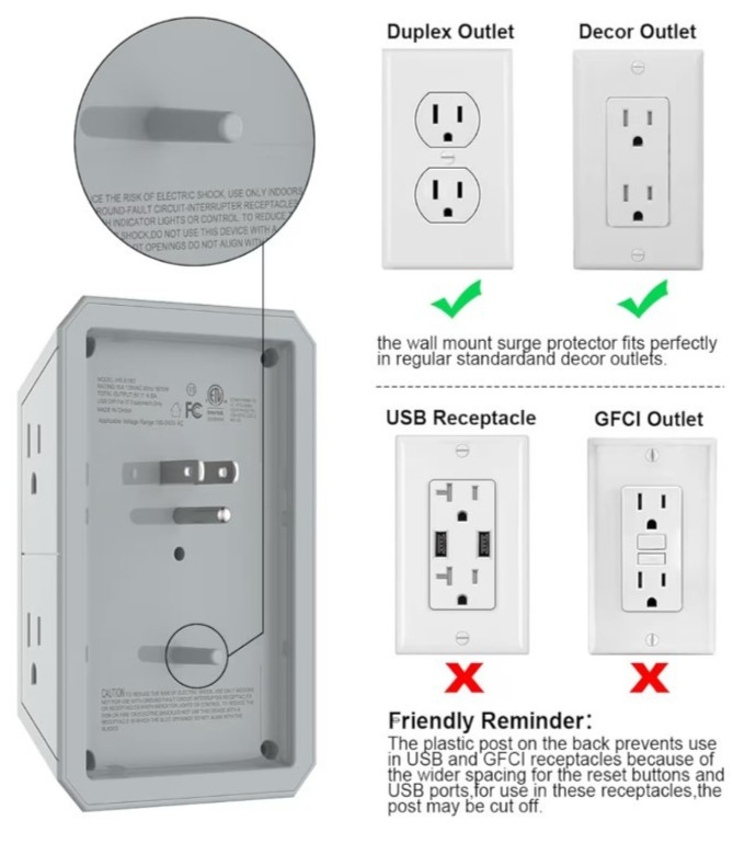 QINLIANF 5 Outlet Surge Protector, USB & USB-C Ports, 1680J, Fireproof, White gallery