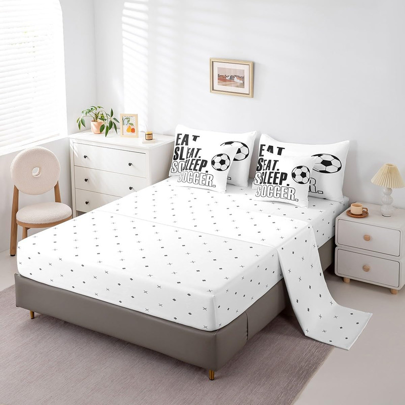 Soccer Ball Comforter Set with Sheets Queen Size White Football 7 Pieces Bedding gallery