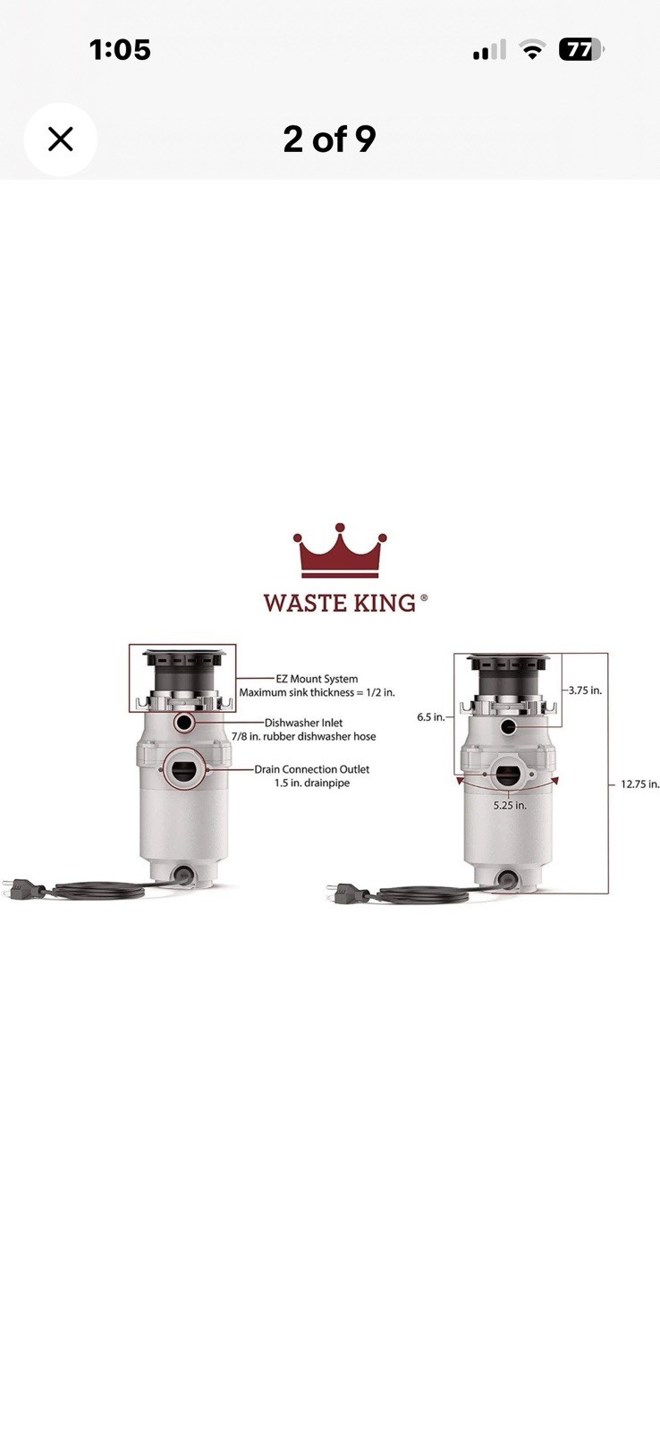 Waste King Garbage Disposal for Kitchen Sink with Power Cord Compact Food 1/3hp gallery