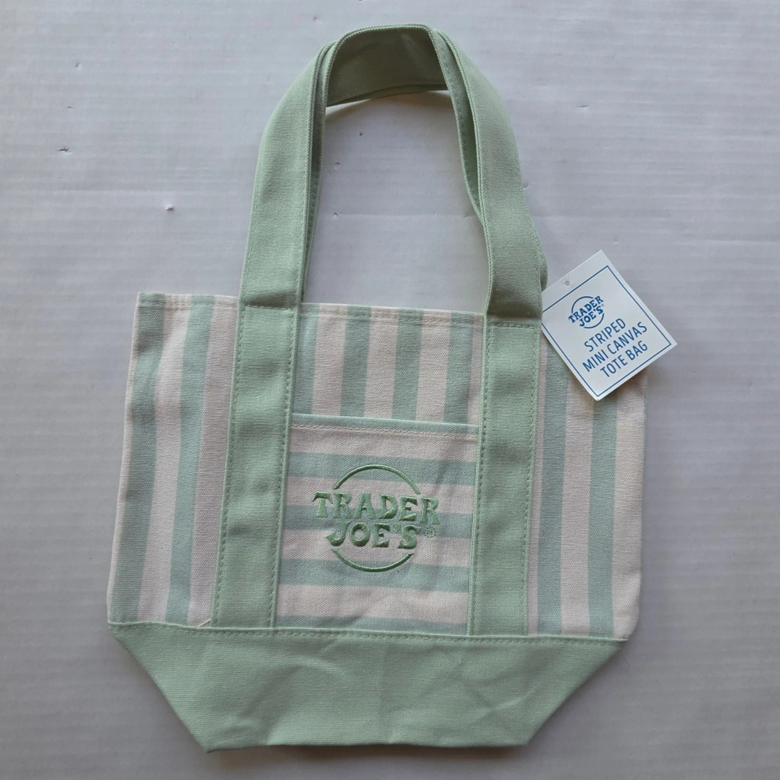 Trader Joe’s MINI Canvas Reusable Bag, w/ Off White or Tan, LIGHT GREEN STRIPES gallery
