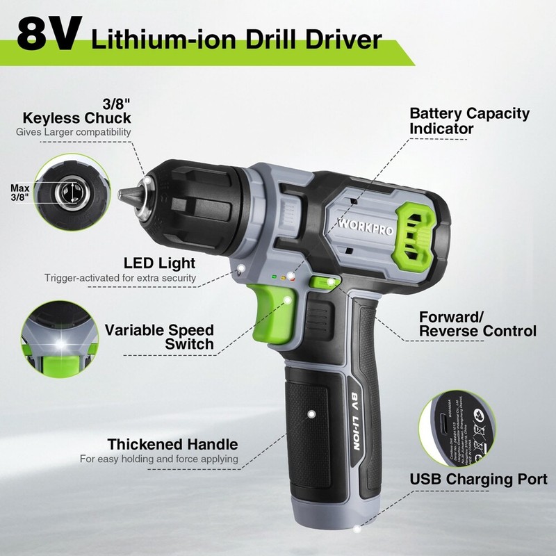 WORKPRO 8V Cordless Drill Driver Set 53pcs Bit Electric Drill 3/8" Keyless Chuck gallery