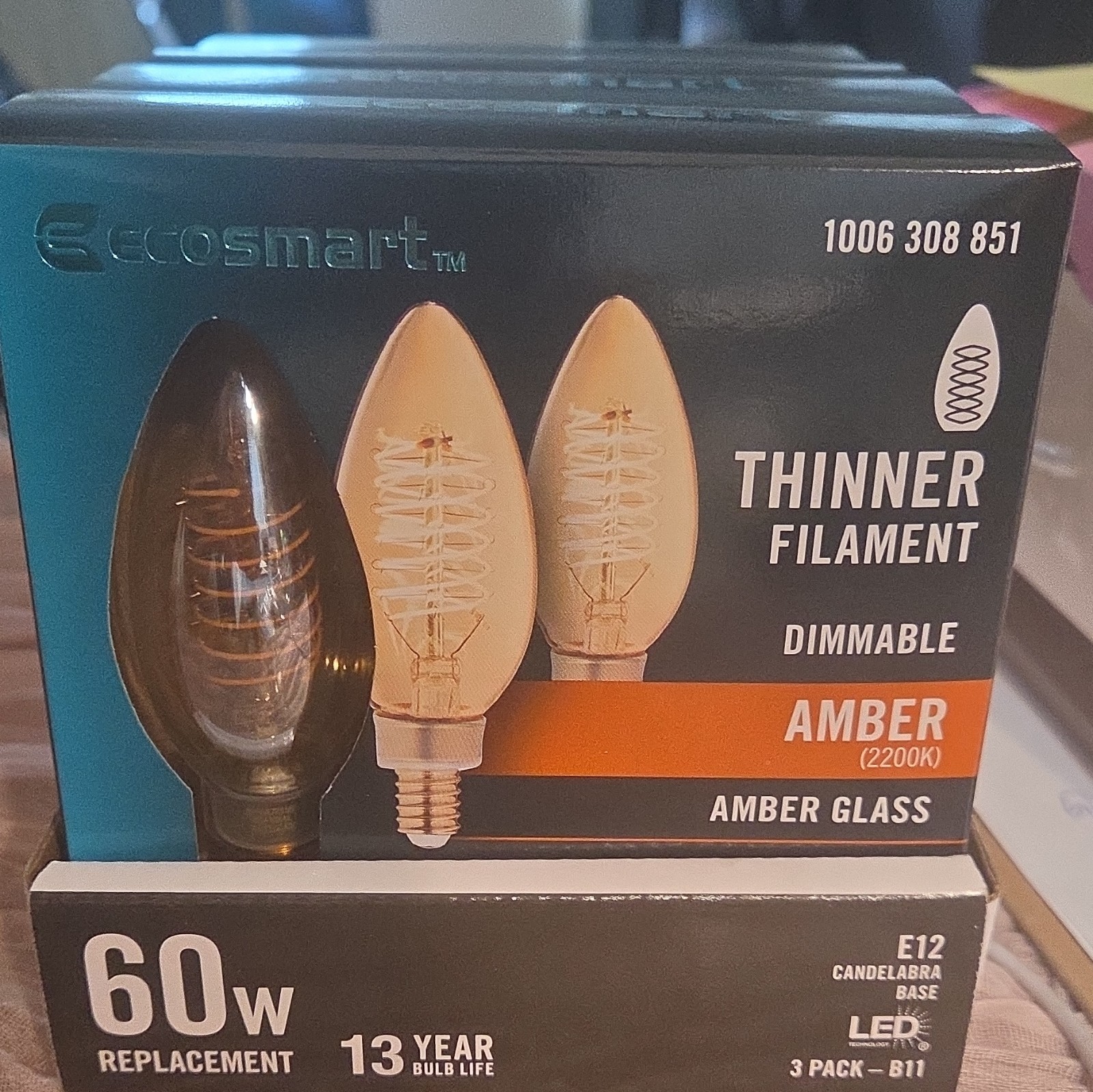 EcoSmart Dimmable LED Candelabra Bulb B11 Amber Glass E12 2200K (3 Bulb) 4packs gallery