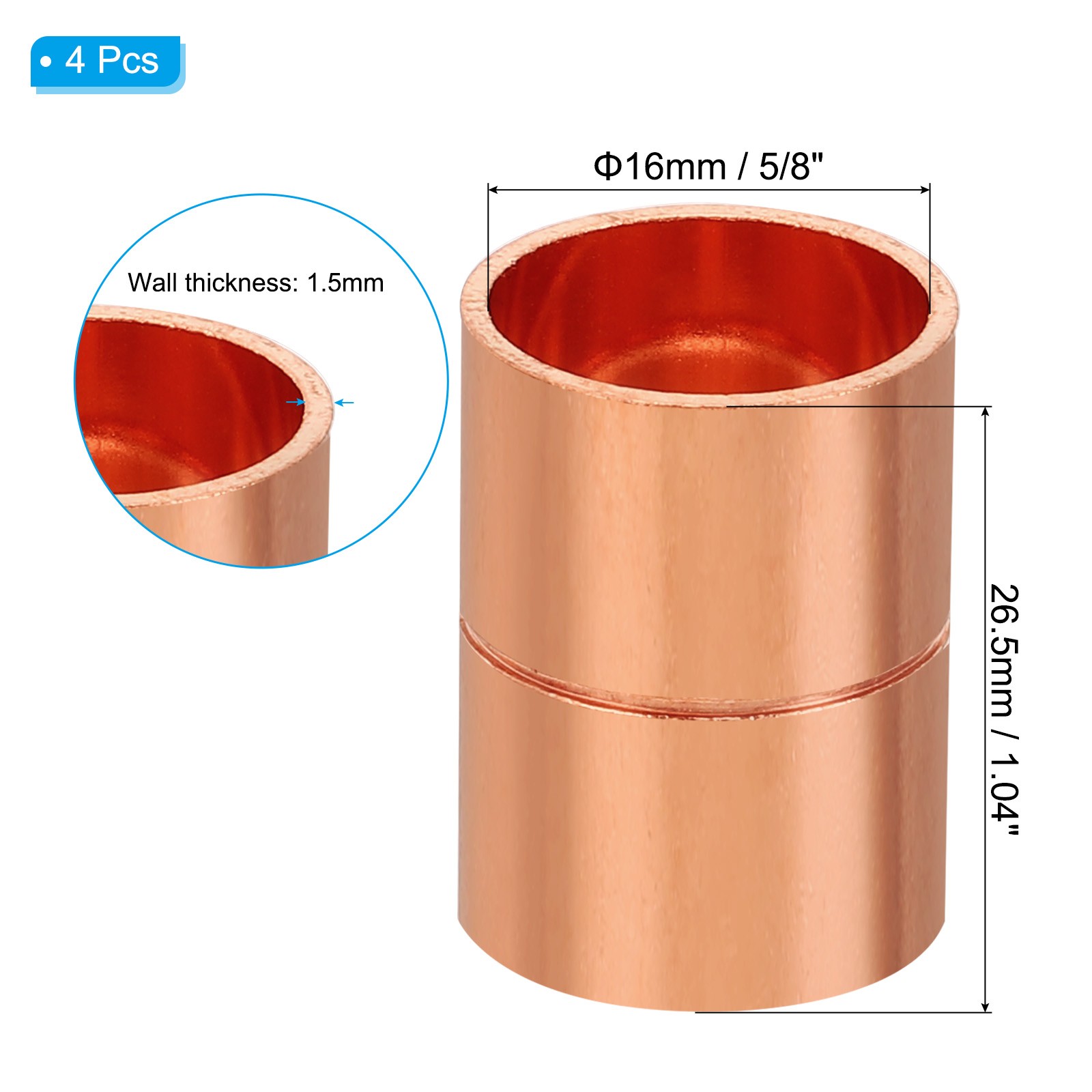 5/8" ID Straight Copper Coupling Fittings, 4 Pcs Welding Joint for HVAC gallery