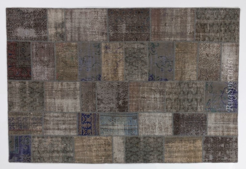 Contemporary Handmade Turkish Patchwork Rug in Shades of Gray, Brown and Blue gallery