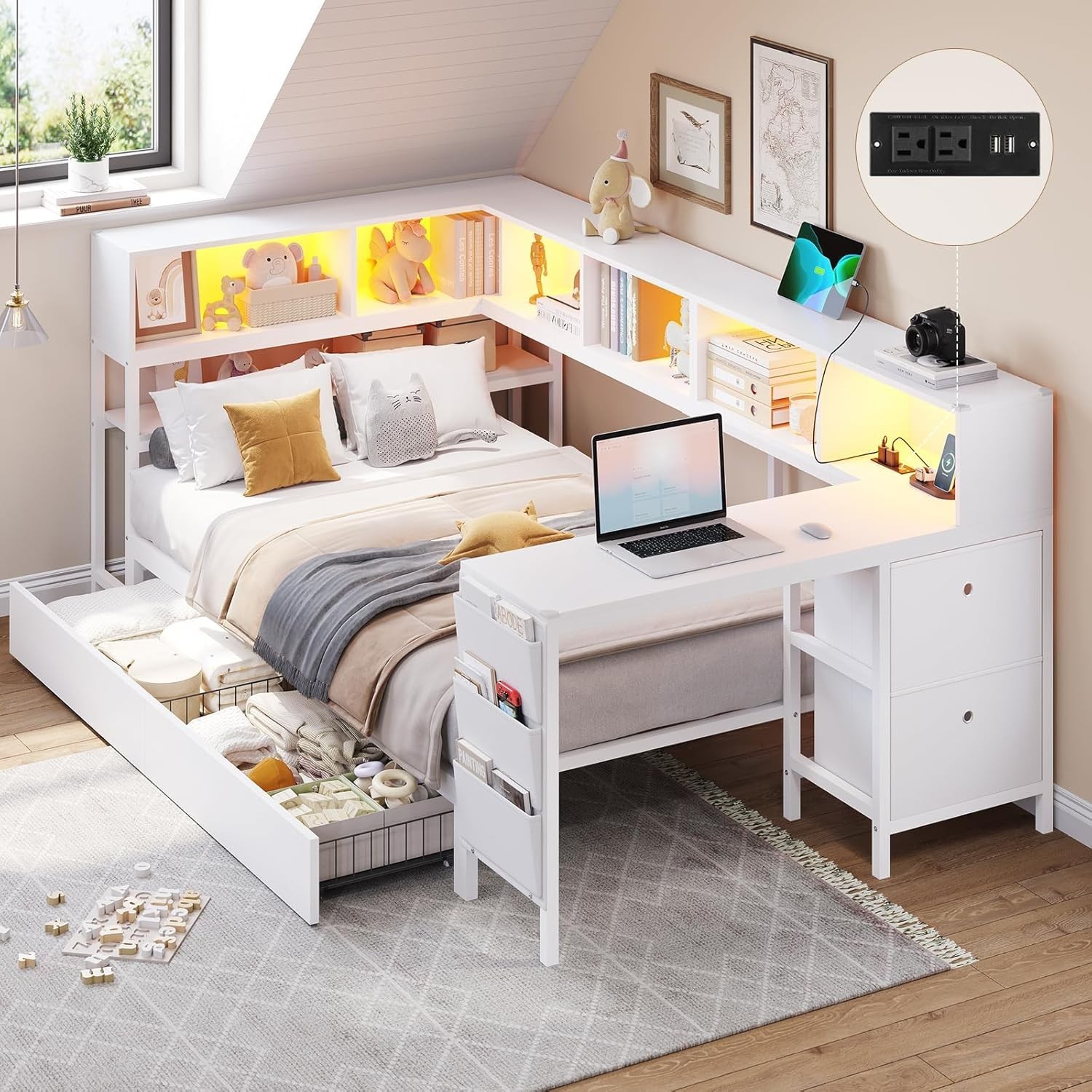 Twin Corner Bed Frame Daybed with Desk,Bookcase Storage,Charging Station, gallery