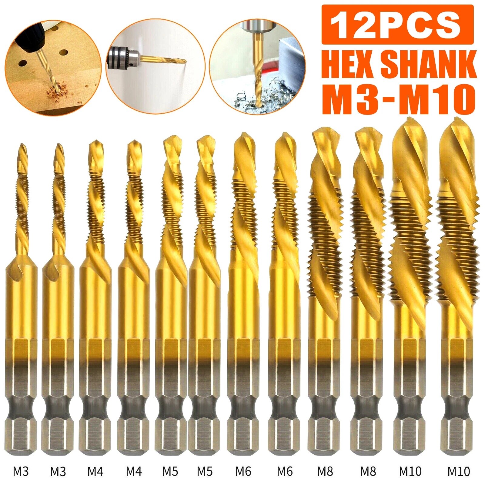 12Pcs HSS Titanium Coated Twist Drill Bit Set M3-M10 Hex Shank For wood Metal gallery