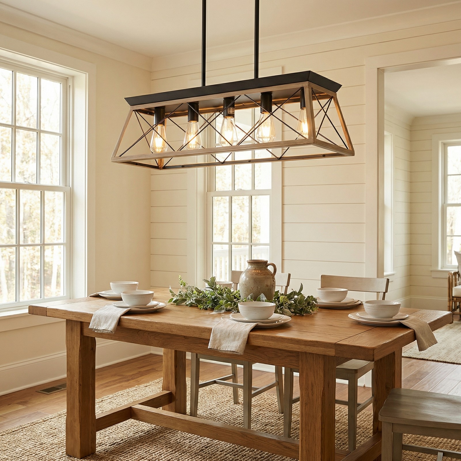 32'' Oak Pendant 5 Light Rustic Farmhouse Chandelier Living Room Fixture Metal gallery