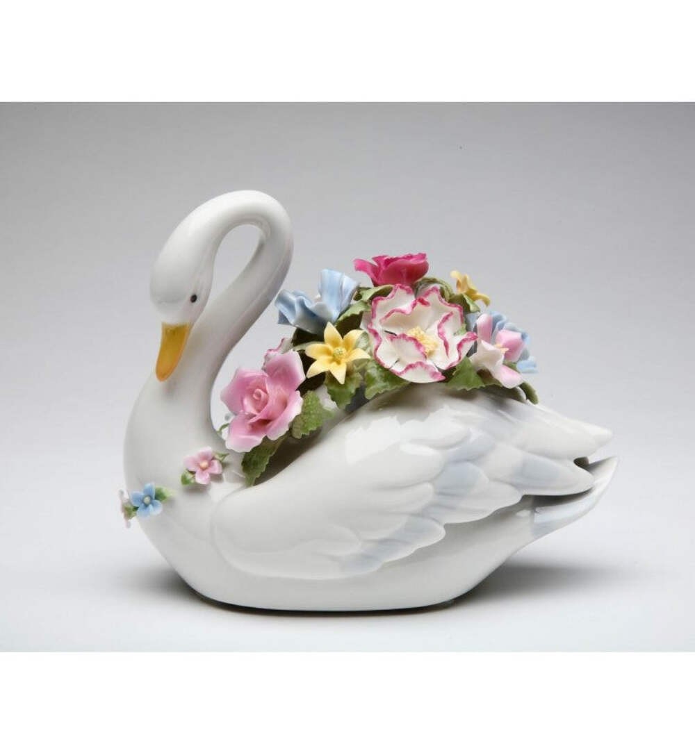 Ceramic Swan with Flowers Music Box Playing "Swan Lake", Gift for Her, Gift for gallery