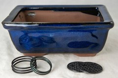Rectangular Glazed Succulent, Bonsai Pot + Mesh + Wire 6″x 4.5″x 2.25″ – Blue