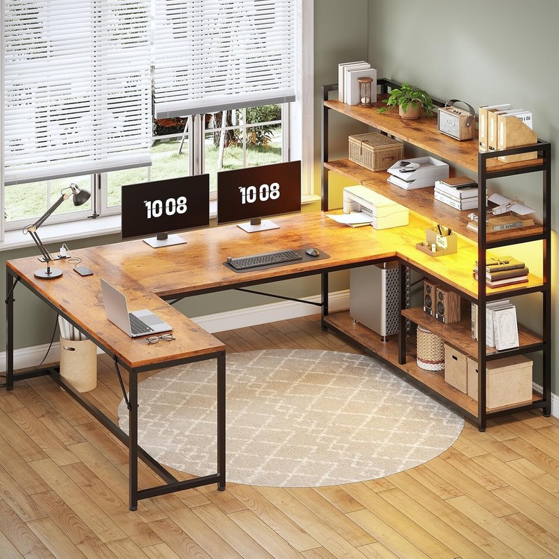 63” Reversible Computer Desk with Power Outlet, Storage Shelves and LED Lights gallery