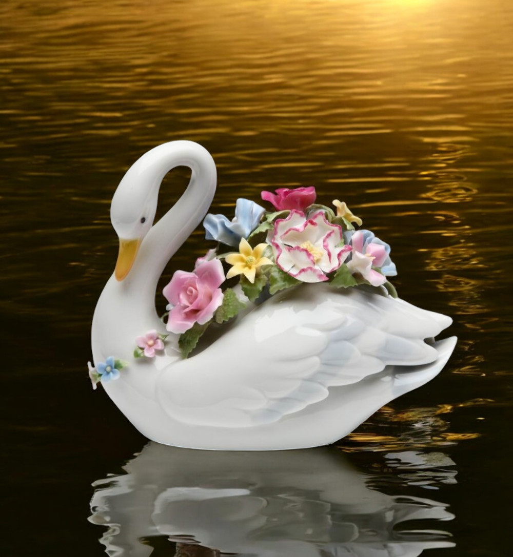 Ceramic Swan with Flowers Music Box Playing "Swan Lake", Gift for Her, Gift for gallery