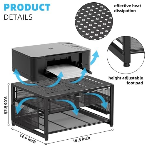 Metal Printer Stand for Desk with Storage Drawer and 2 Pen Holders, 2 Black gallery