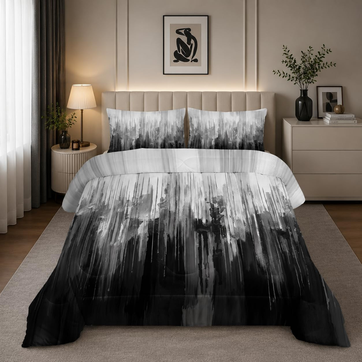 Grey Black White Gradient Print Comforter Set Full Size,Abstract Art Bedding Set gallery