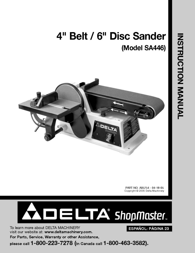 Delta SA446 4" Belt 6" Disc Sander Instruction Manual gallery