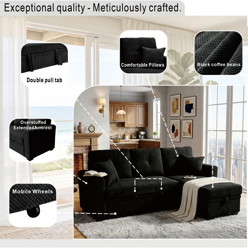 L-Shaped Sofa Sectional Loveseat Couch Convertible Sleeper Sofa w/Pull-Out Bed gallery