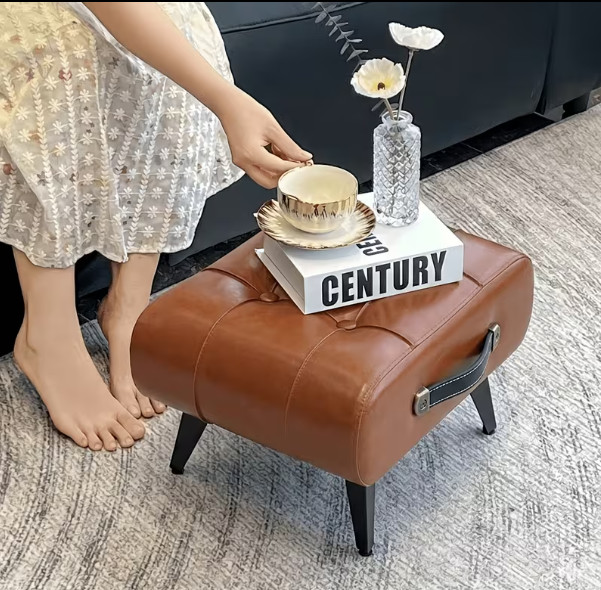Leather Footstool Ottoman Padded Small Low Stool Table Shoe Seat with Handle gallery