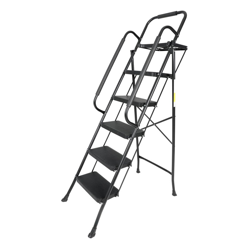 5 Step 330 lbs Non-Slip Stool Ladder with Handrails folding Tool Tray Platform gallery